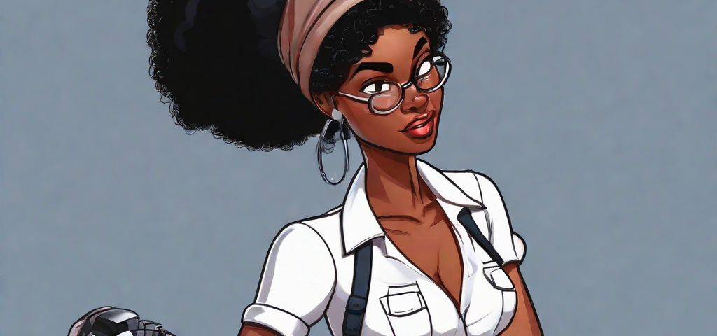 Retro comics style illustration of a young black beautiful woman researcher. A human brain model is on the table at her side.
