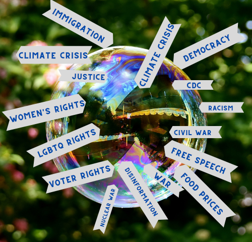 A colorful bubble surrounded by words, climate crisis, women’s rights, LGBTQ, voter rights, free speech, food prices, war, disinformation, civil war, racism, cdc, democracy, justice.