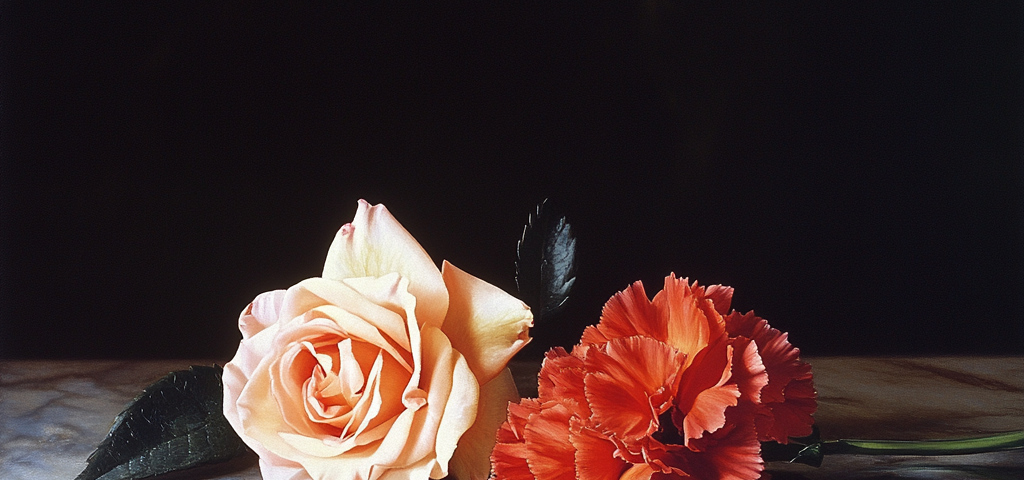 a rose and a carnation lying next to each other on the table