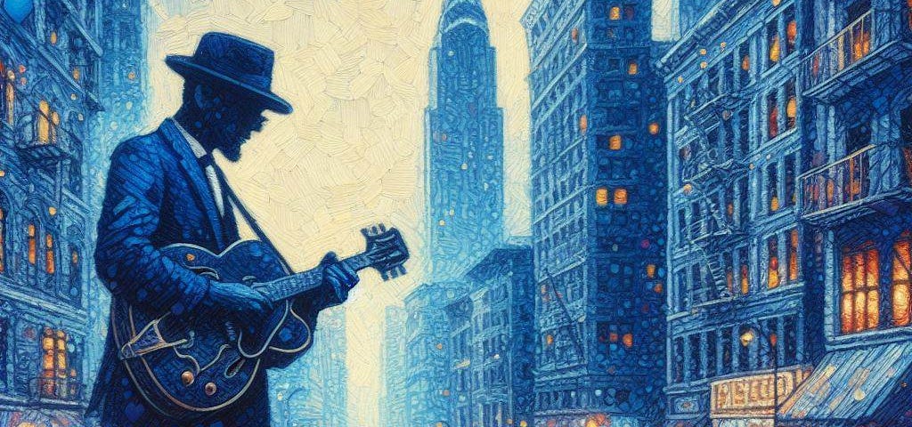 lone bluesman with his guitar busy downtown metropolis in background