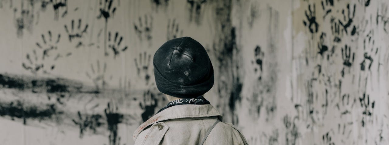 Woman in trench coat looking at black hand prints on a white wall.