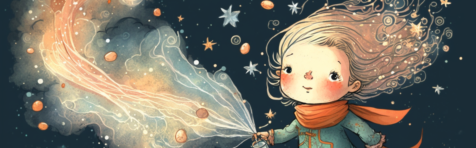 A little girl in a red scarf walks among clouds. A galaxy spill from a little tin can she holds.