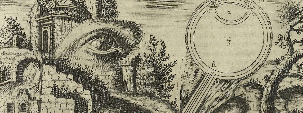 Monochromatic illustration of eye superimposed on building and landscape, featuring hand-held, round camera obscura device.