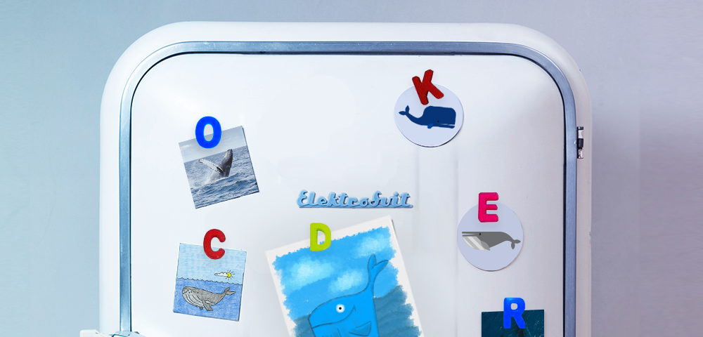 An old refrigerator. Pictures and drawings of whales are attached with alphabet magnets. The magnets spell out D-O-C-K-E-R.