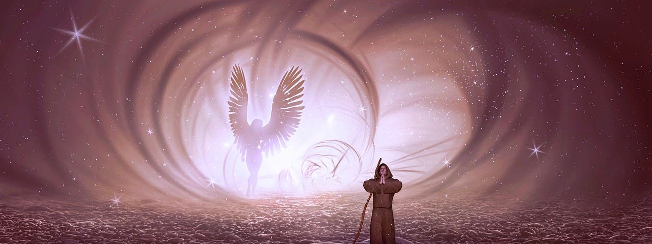 In the foreground, a figure in brown robes holds hands as if in prayer. Behind him, a winged figure is silhouetted against a bright light.