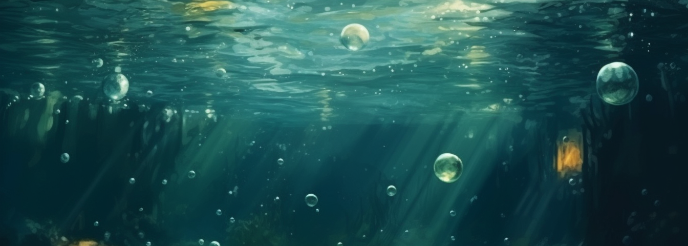 Underwater view of bubbles rising to the surface in a murky river.