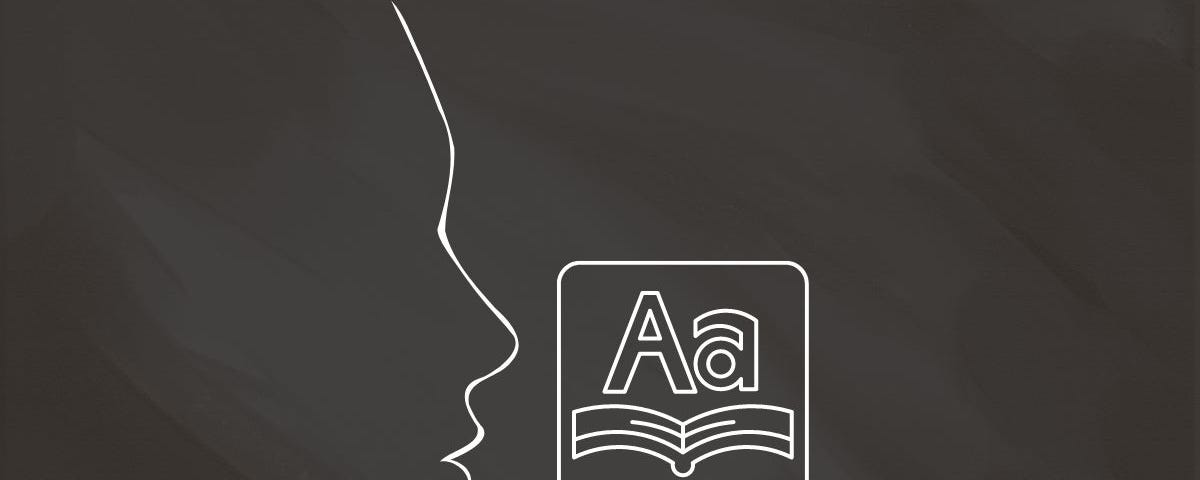A white outline of a face in a dark background, looking at a language learning icon