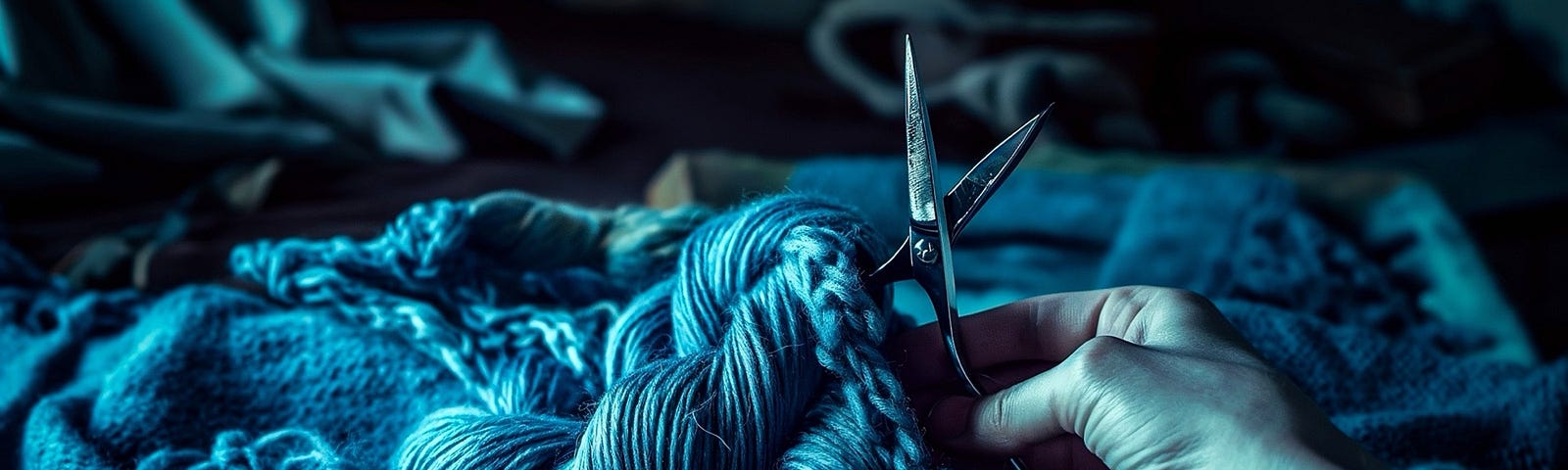 Close-up of hands using scissors to cut a blue knitted fabric, surrounded by loose yarn and unraveled knitting.