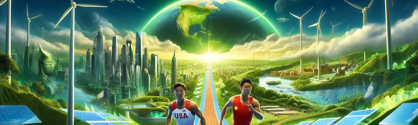 ChatGPT & DALL-E generated panoramic image of an Olympics-themed race between US and Chinese athletes to a low-carbon, green future