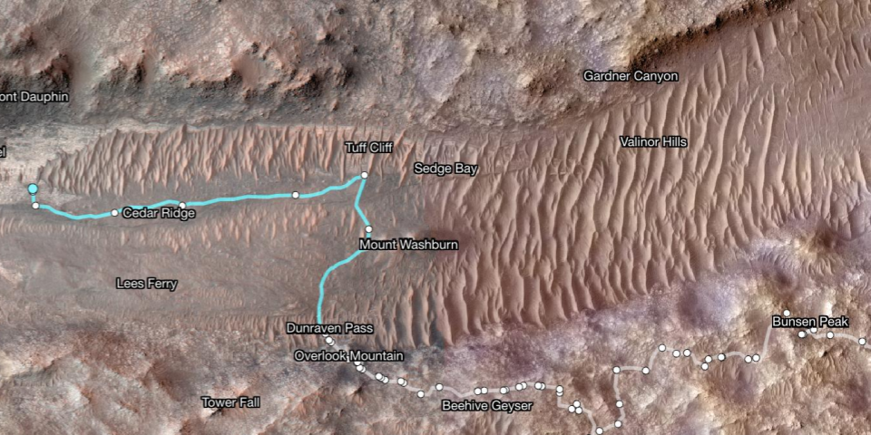 This Mars Reconnaissance Orbiter image shows a dune filled dry river bed cutting across the otherwise rocky Mars landscape. Superimposed on an image from NASA’s Mars Odyssey orbiter, this map shows Perseverance’s path between Jan. 21 and June 11. White dots indicate where the rover stopped after completing a traverse beside Neretva Vallis river channel. The pale blue line indicates the rover’s route inside the channel. Credit: NASA/JPL-Caltech/University of Arizona