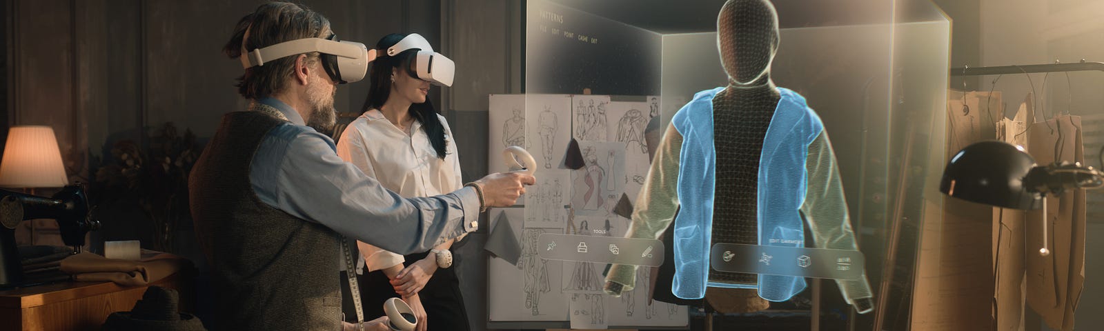 Male tailor and female customer in a studio wear VR headsets to view a jacket design in VR.