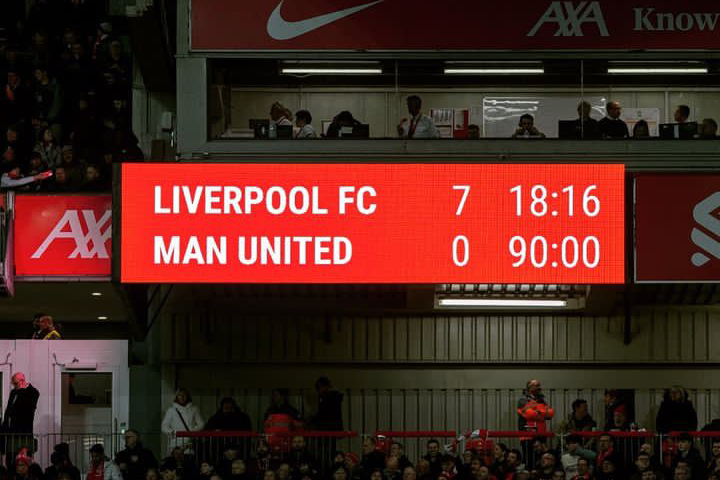 A picture of the 7:0 scoreline at Anfield after Liverpool thrashed Manchester United tonight. Erik Ten Hag could only watch as Klopp and his men came back to winning ways in the most-dramatic fashion.