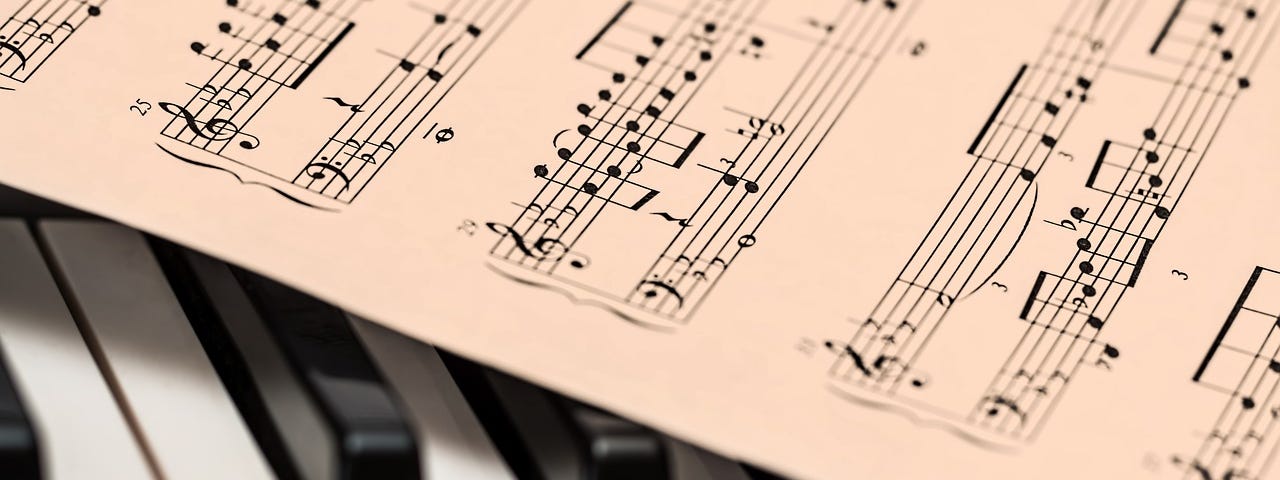 IMAGE: A music sheet on top of a classic piano keyboard