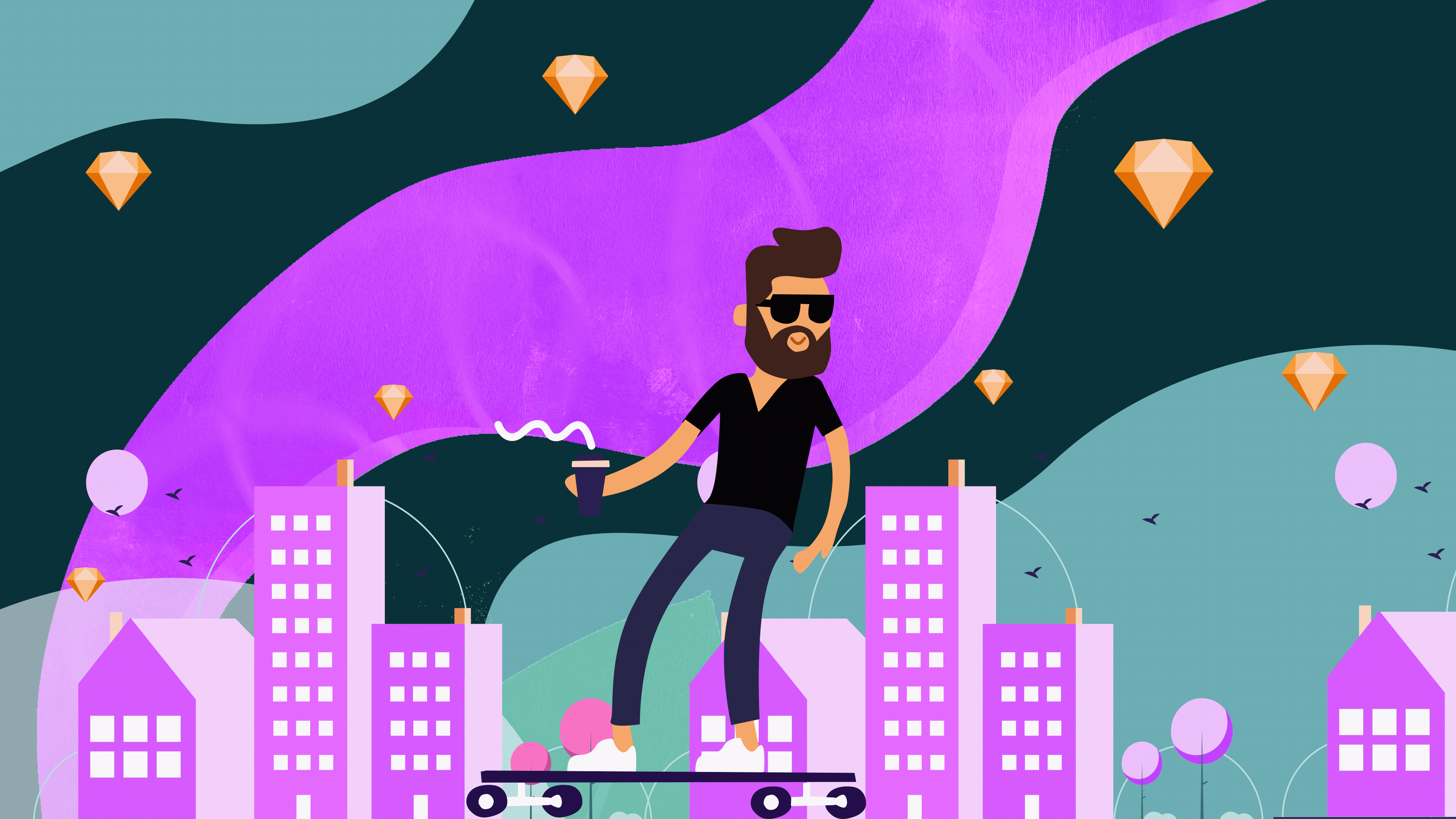 An animation of a man riding a skateboard in a city setting with Sketch icons bouncing in the background.