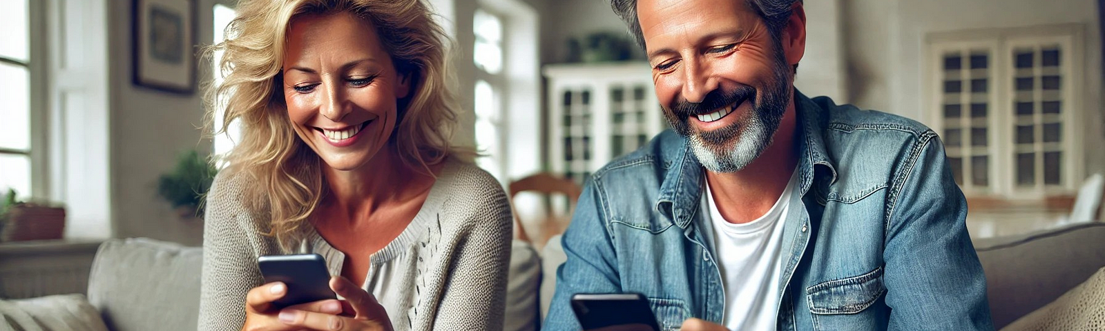 A couple in their 40s texting on their smartphones, both smiling and engaged in a lively conversation, in a cozy living room setting,