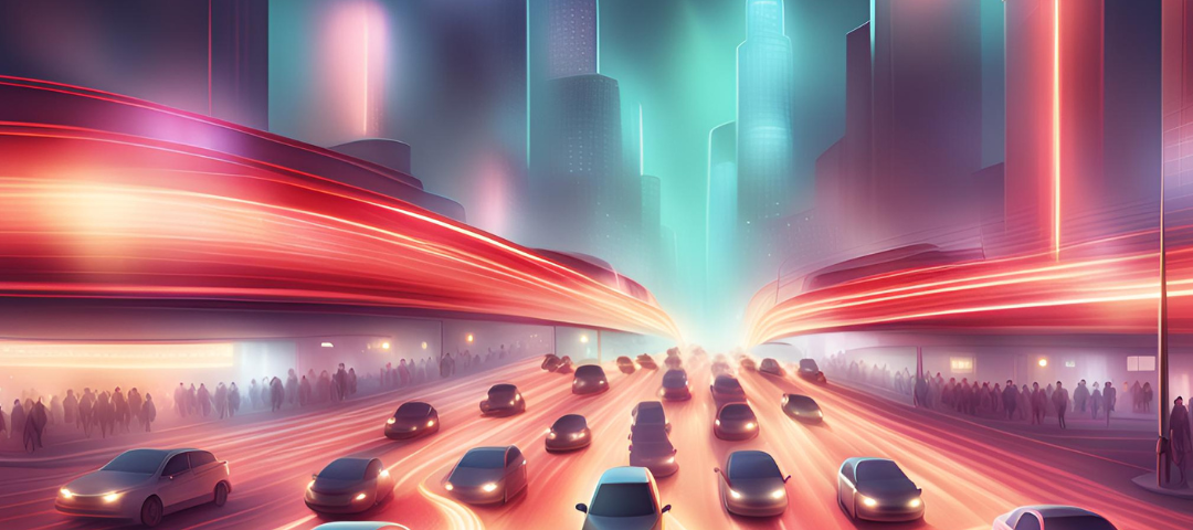 Cars in the future speeding down a metropolis.