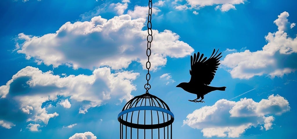 A bird flies out of the cage.