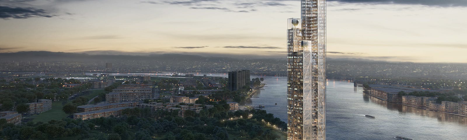 A timber skyscraper stands tall next to a river in a cityscape with pockets of greenery and other buildings.