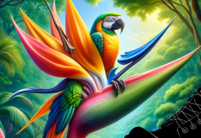 An odd fantastical painting of a bird of paradise plant with a similarly-colored parrot as part of it. A big black soldier’s boot is in the corner stepping on a green checked box.