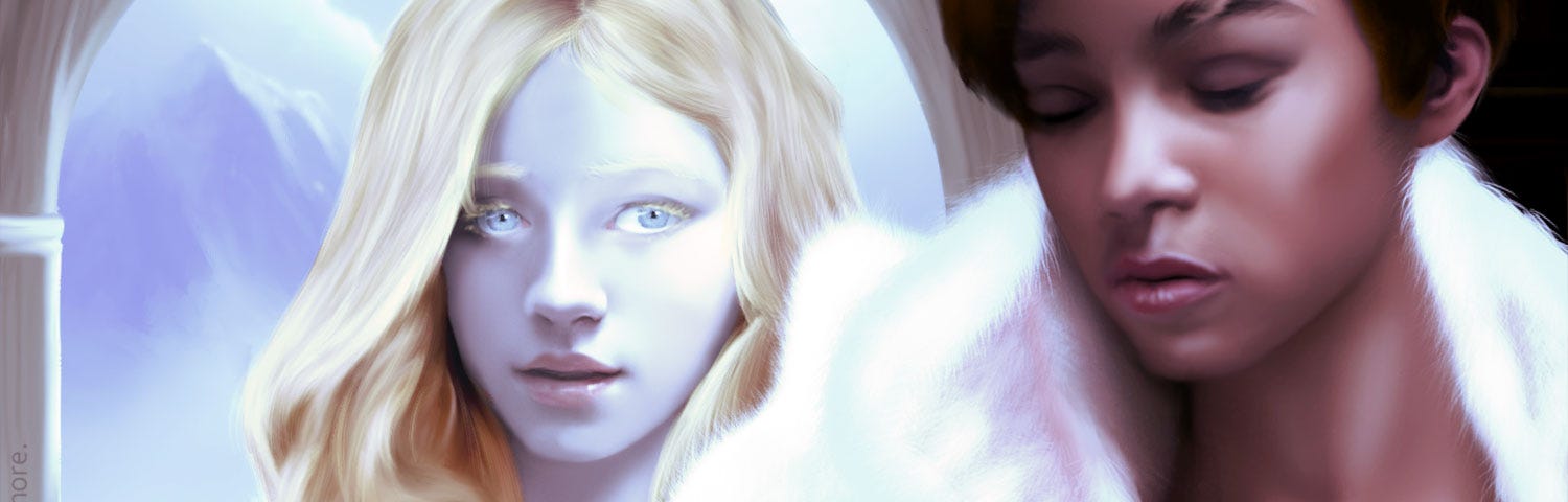 fantasy setting with very pale young woman in the background, older dark-skinned woman in the foreground both in white fur with a mountain behind
