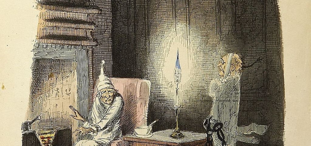 Marley’s ghost, from Charles Dickens: A Christmas Carol. In Prose. Being a Ghost Story of Christmas. With Illustrations by John Leech.