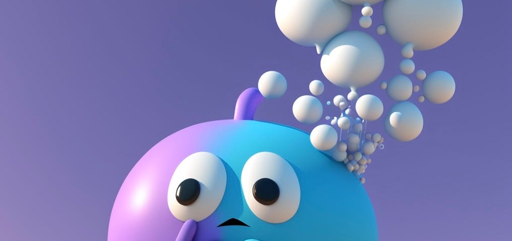 A 3D blue and purple cartoon sitting and thinking with thought bubbles above their head.
