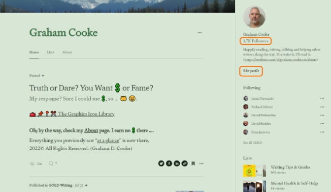 Author’s Medium profile page, with Followers and Edit Profile text highlighted.