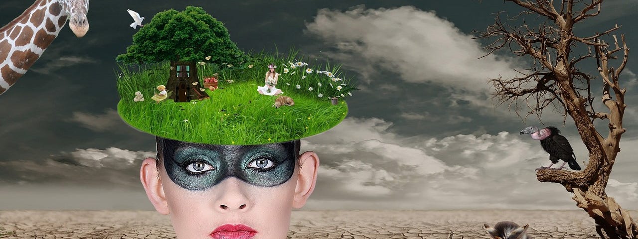 The head and shoulders of a woman wearing a black mask. In the background is a drought stricken land with wild animals gazing upon in distress. On her head is the only green landscape in view, a vista of long grass, sgady tree and a family enjoying the scenery.