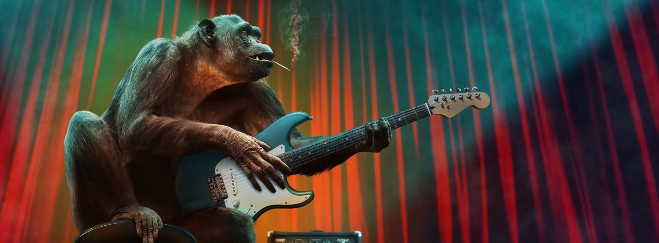 Image: Monkey with a guitar and cigarette on a stage.