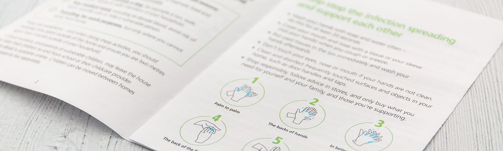 Booklet showing six detailed steps for proper hand washing.