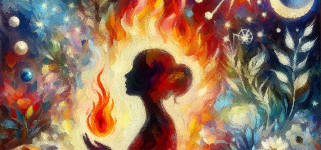 A silhouette surrounded by flowers, pearls, fire, bread, and stars in deep colors of red, blue, yellow, and green.