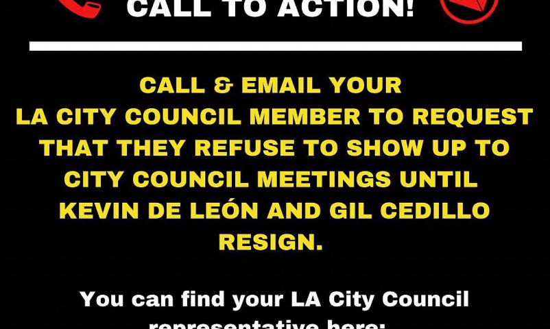 An image of yellow, white and red writing on a black background: “call and email your LA City Council Member to request that they refuse to show up to City Council meetings until Kevin De Leon and Gil Cedillo resign. You can find your LA City Council representative here: https://neighborhoodinfo.lacity.org