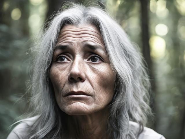 Grey haired woman in a forest