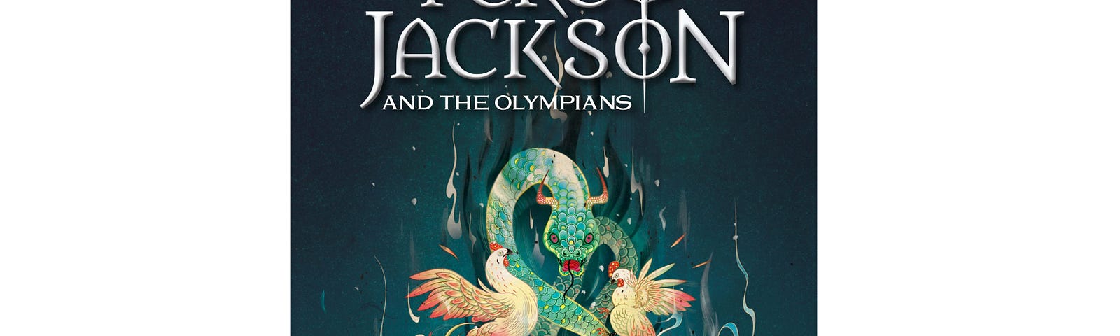 The cover of Percy Jackson and the Olympians book 6: The Chalice of the Gods, written by Rick Riordan. The cover has the image of a large, two handled chalice, with a large snake and two chickens coming out of it.