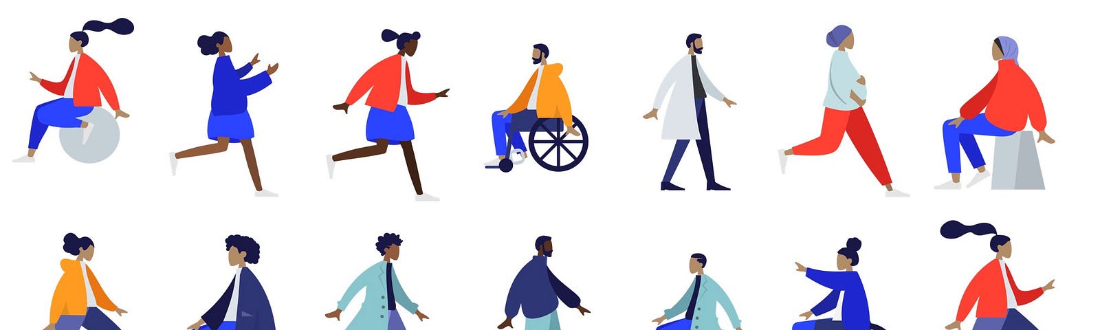 Ilustração com 14 pessoas em movimento de diferentes etnias. Imagem de https://www.humaaans.com/