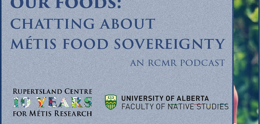 Flyer advertising Our Foods: Chatting about Metis Food Sovereignty, the RCMR podcast. Flyer includes an image of an outstretched hand holding freshly picked blueberries.