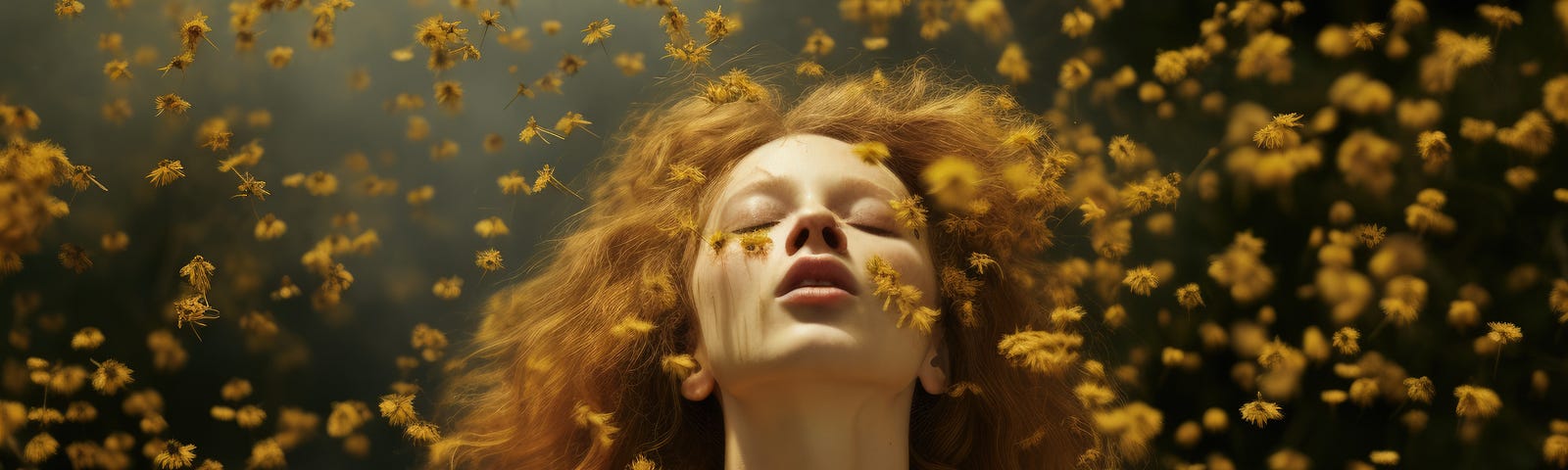 Woman in yellow dress experiencing a pollen burst outdoors