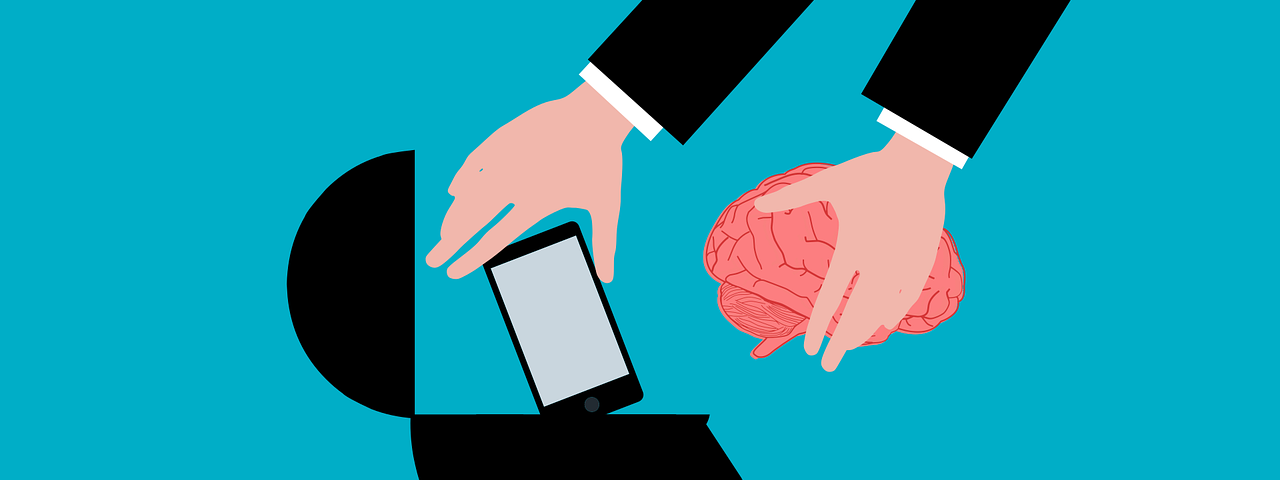 Cartoon hands reaching into a silhouette head and replacing a brain with a smart phone.