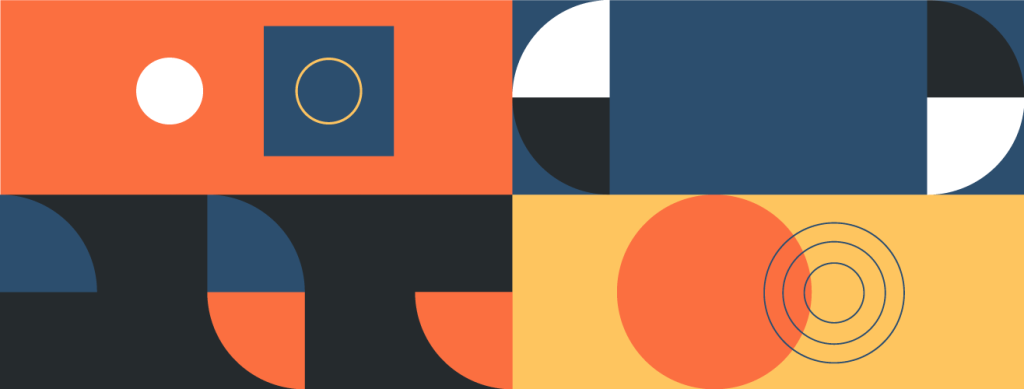 Geometric patterns of squares, circles, half circles, and leafs in orange, white, black, blue, and yellow.