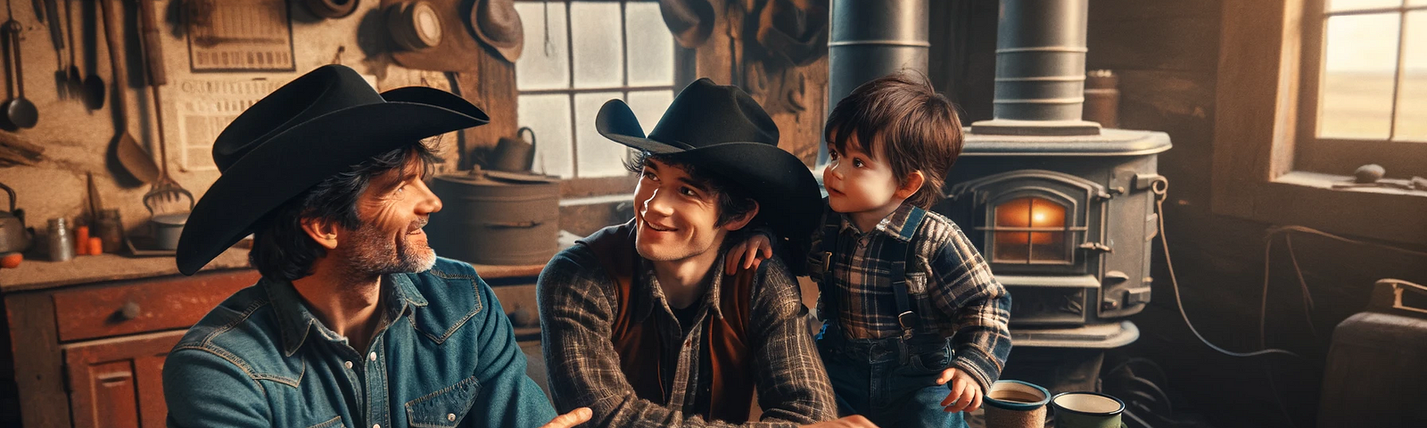 Two guys in cowboy hats plus a small child