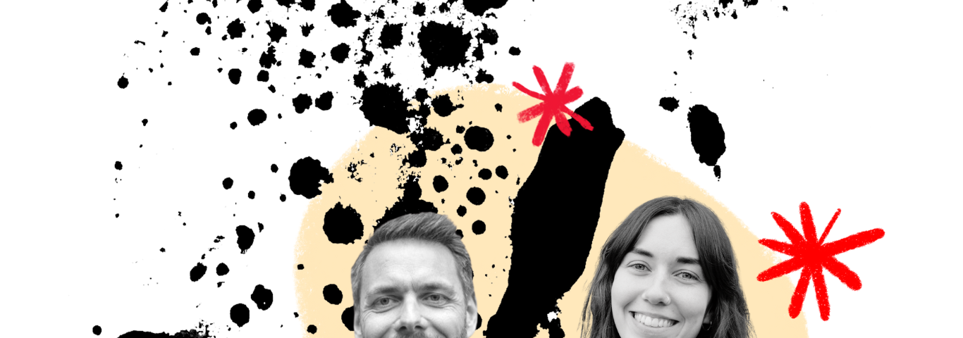 Greyscale headshots of Snook Service Designers Olivia Holbrook & Tom White with black splashes on the background.