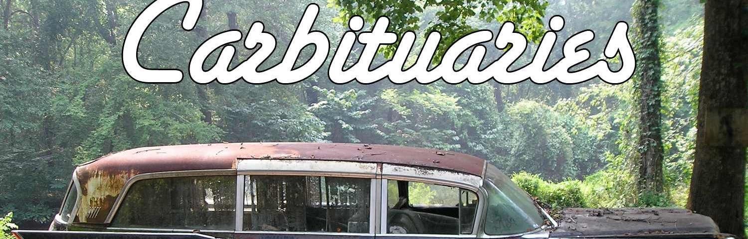 “Carbituaries” cover mockup of an abandoned hearse-like car in a forested area of Childersburg, Alabama.