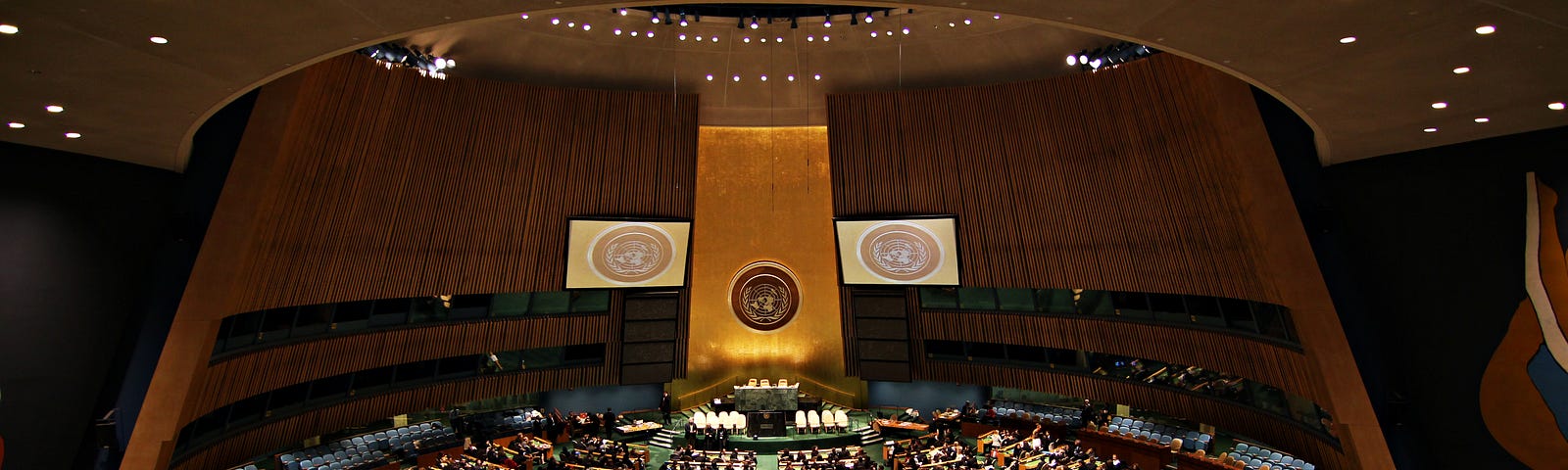 A photograph of the United Nations (UN) General Assembly Hall