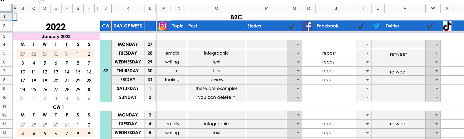 A screenshot of the 2022 Social Media Editorial Calendar template. Scroll a bit further down for the URLs where you can make a copy