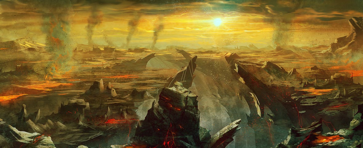 Image: A cracked and blasted hellscape, rivers of magma under a burning yellow sky.