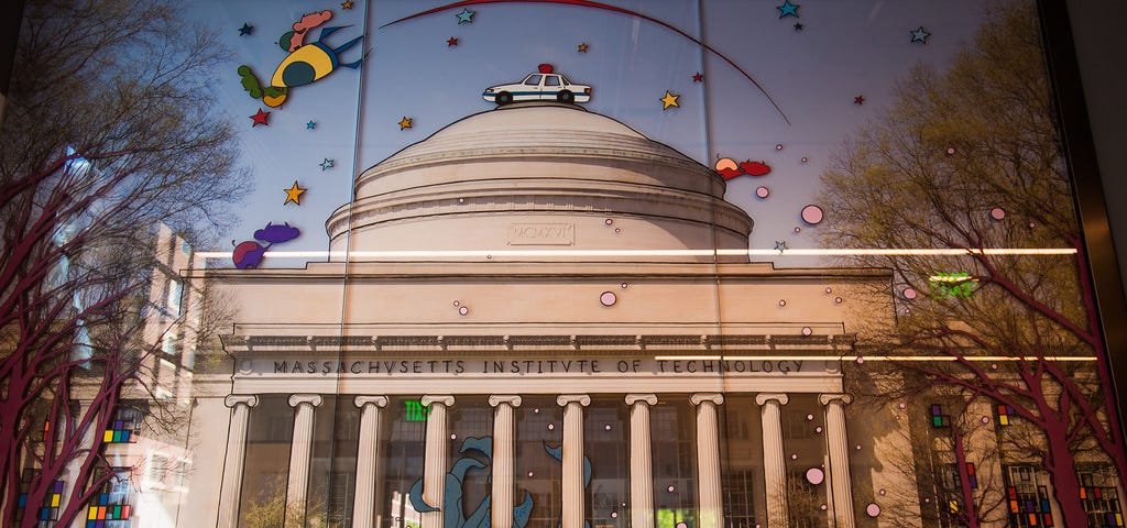 Photo of the MIT Dome with illustrations of bubbles and  stars all around it. Cartoon drawings of a rocket flying in the sky, a car sitting on top of the dome, and a sea monster tangled around the columns.