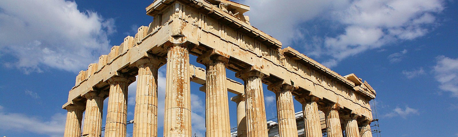 A photo of the Pathenon in Athens, Greece. Shot on a lightly cloudy, largely sunny day.