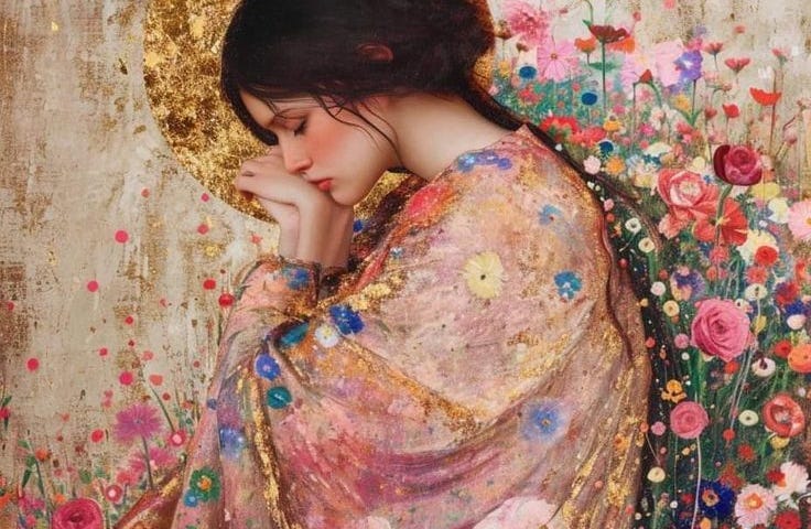 Profile of woman with dark hair, tied back but with some strands trailing around her face. She wears a robe with flowing sleeves. There are flowers superimposed over most of the image, in delicate pinks and other colours, giving a dream-like romantic feel.