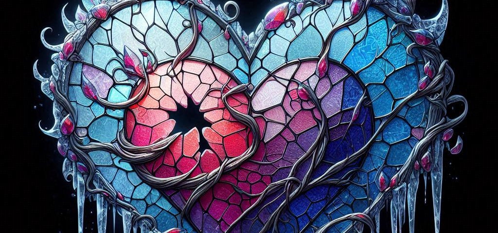 A blue and purple stained-glass heart with a piece missing and icicles coming off the bottom.