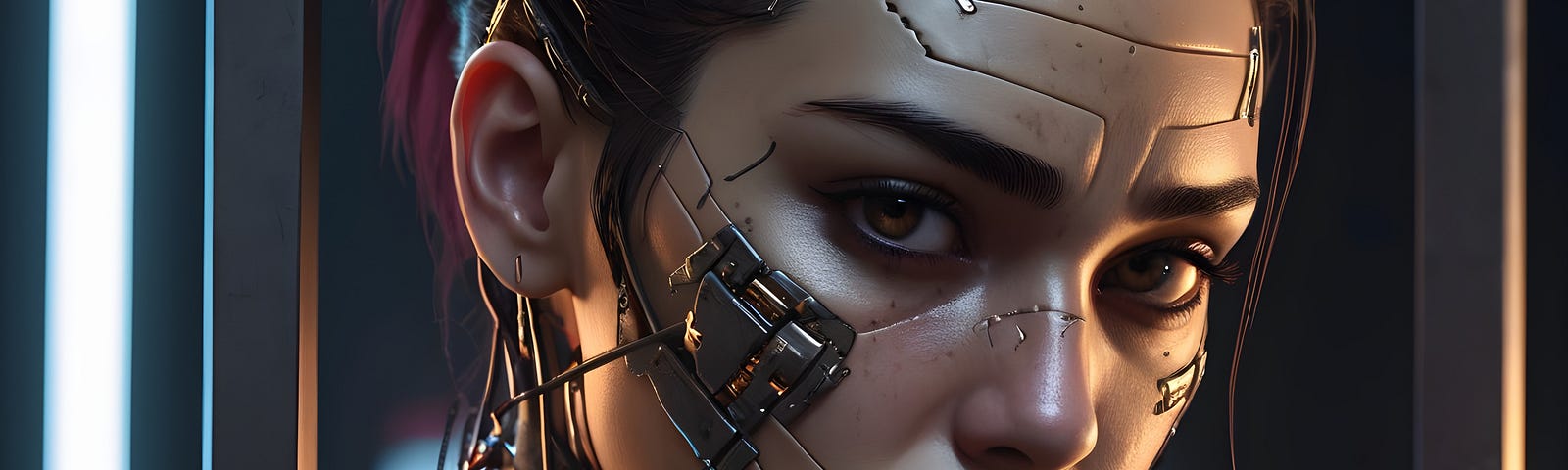 A woman with cyberpunk or cyborg attachments and scars.